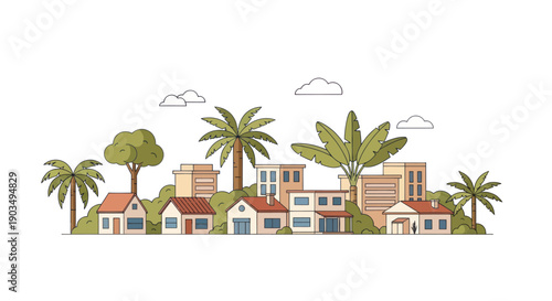Tropical Cityscape Illustration: Modern Buildings and Palm Trees