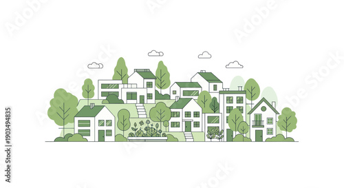 Modern Eco-Friendly Neighborhood with Green Houses and Trees