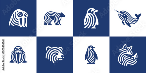 Icon Set Vector of 8 Abstract Arctic Marine Animal Line Style