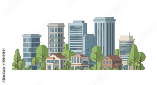 Flat Design Cityscape with Diverse Buildings and Green Trees