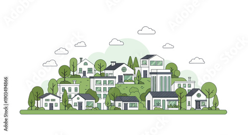 Charming village on a hill with modern houses, trees, and clouds, flat design illustration.