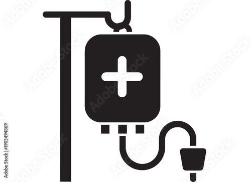 IV drip medical icon with hanging intravenous fluid bag and cross symbol, hospital infusion therapy pictogram, black silhouette sign for healthcare emergency care