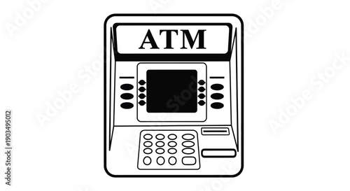 Black and white simple line art icon illustration of an automated teller machine for dispensing cash or electronic banking services