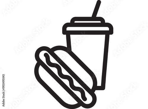 Hot dog and soda cup outline icon with straw, bold black line minimal symbol for fast food menu, snack combo, street food, and takeaway restaurant signage