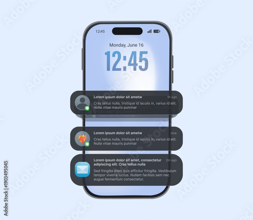 Pop-up push notification template on smartphone screen, vector. Glass theme template mockup. Online chat glassmorphism. Message bubble icons with for smartphone notification center, displaying alerts