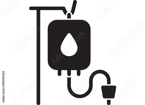 Blood bag donation icon with IV drip drop symbol, medical transfusion pack silhouette, hospital healthcare pictogram for emergency medicine, plasma and hematology