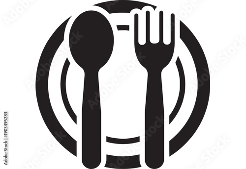 Plate with spoon and fork icon in black silhouette, minimal restaurant symbol for dining, food service, cafe menu, catering signage, and app interface isolated on white