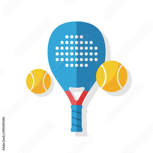 Blue Padel Racket and Yellow Balls Icon, Flat Design, Sport Equipment