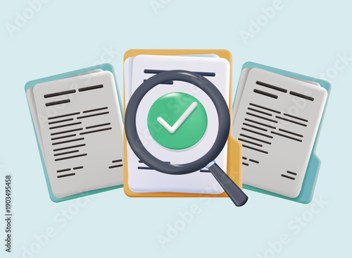 Document evaluation inspect 3D vector illustration. Contract agreement audit. Assessment survey evaluation check.