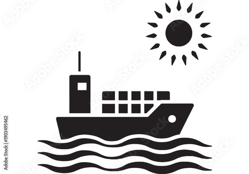 Ship cargo container icon with ocean waves and sun symbol, black silhouette maritime transport pictogram for logistics, shipping industry, sea freight and delivery