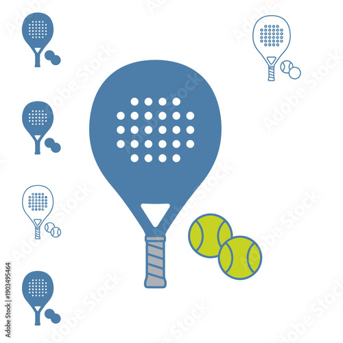 Padel Racket and Balls Icon Set - Sport Equipment Vector Illustration