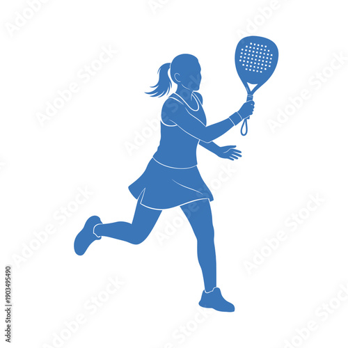 Woman playing padel tennis, silhouette, hitting ball, active sport, blue icon
