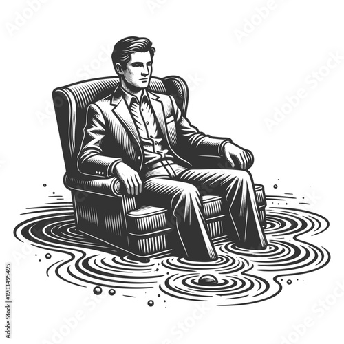 relaxed man in an armchair slowly sinking, symbolizing stagnation within the comfort zone sketch engraving generative ai fictional character vector illustration. Scratch board. Black and white image.