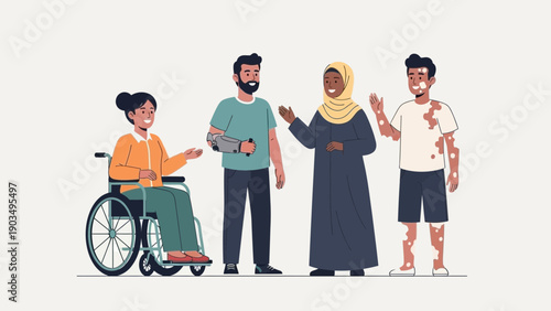 Diverse group of friends with disabilities interacting happily