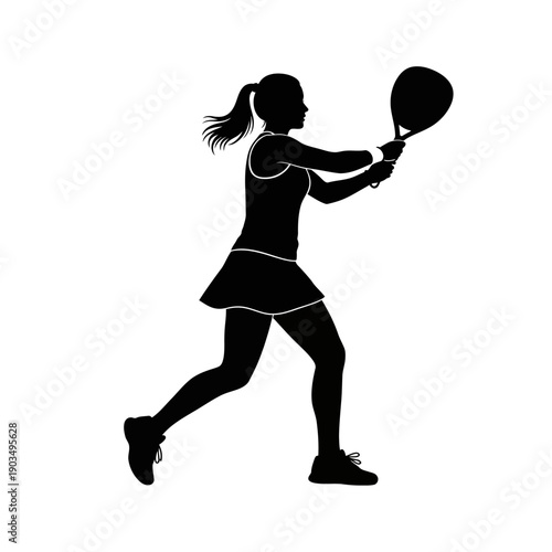 Female Tennis Player Silhouette Swinging Racquet on White Background