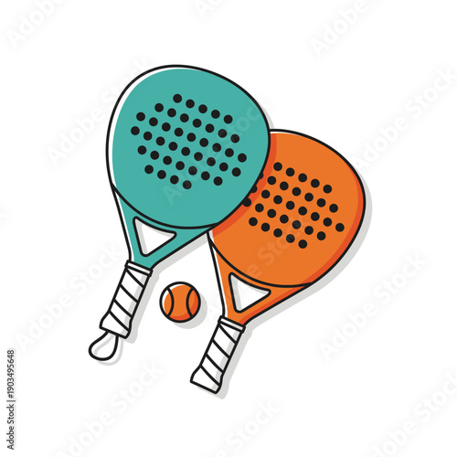 Two colorful padel rackets and ball, modern flat design, sports equipment illustration