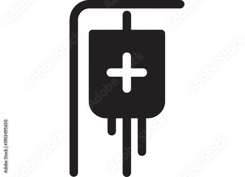 IV drip icon with medical infusion bag and cross symbol, simple black silhouette pictogram for hospital clinic emergency healthcare app UI, isolated on white
