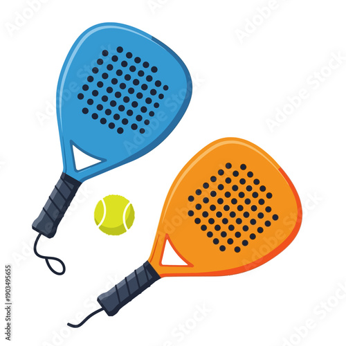 Two colorful padel rackets and ball, isolated on white background, sport equipment