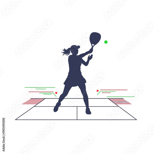 Woman playing tennis, hitting ball in silhouette on court, digital graphics