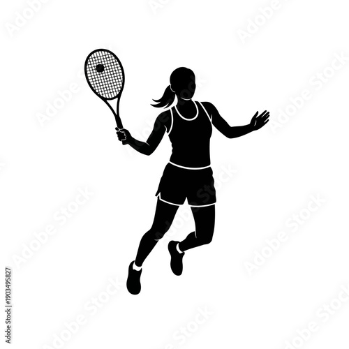 Silhouette of a woman playing tennis, mid-action swing with racket
