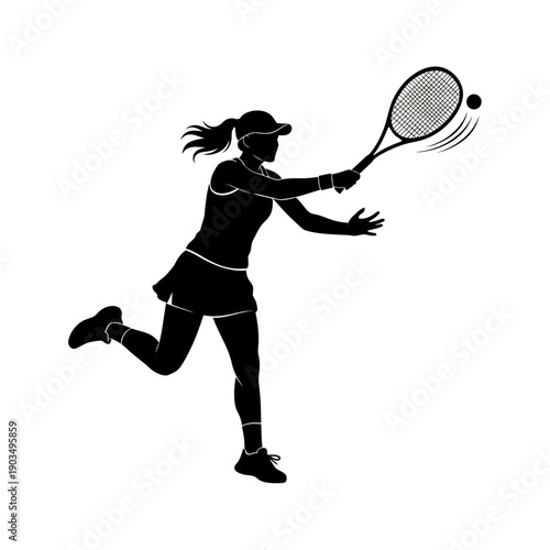 Female Tennis Player Silhouette Swinging Racquet at Ball, Action Shot
