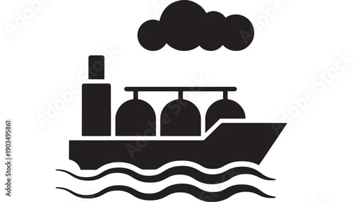 Ship cargo icon with container vessel silhouette on ocean waves under cloud, minimal black glyph pictogram for maritime transport, shipping logistics and port signage