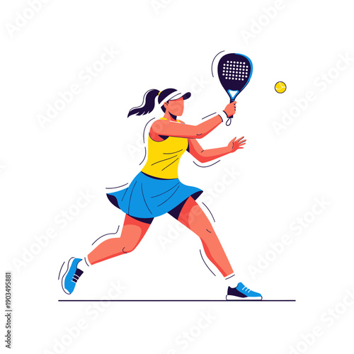 Woman playing padel tennis, hitting ball with racket, action shot, sport illustration
