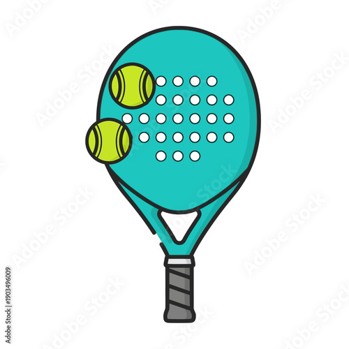Turquoise Padel Racket with Two Tennis Balls, Sports Equipment Icon, Vector Illustration