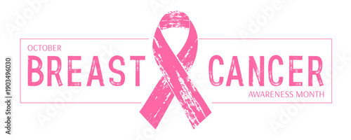 Breast cancer awareness month horizontal banner with pink ribbon symbol in brush stroke style. Minimalist graphic layout for health campaigns, medical support, prevention