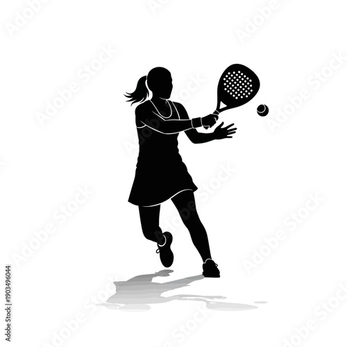 Silhouette of a woman playing padel tennis, hitting the ball with a racket