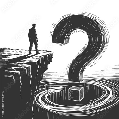 man standing on a cliff, staring at a massive question mark over a swirling void sketch engraving generative ai fictional character vector illustration. Scratch board imitation. Black and white image.