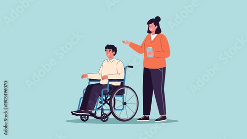 Woman assisting man in wheelchair with coffee