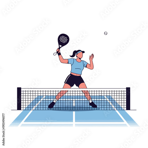 Woman playing padel tennis, hitting ball over net on court, active lifestyle