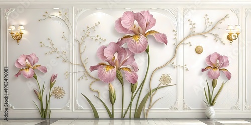 3D wall art featuring royal pink irises with antique gold centers and stems, matte white background, refined minimal interior styling, soft studio lighting