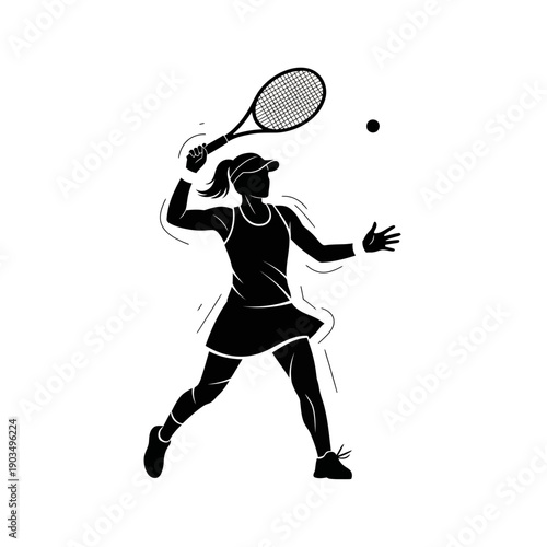 Woman Tennis Player Silhouette Swinging Racquet at Ball