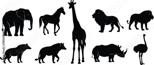 Silhouettes of various african animals