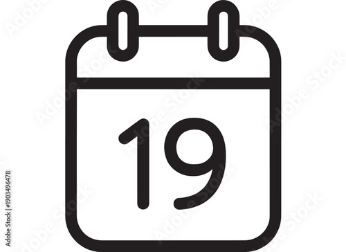 Calendar date icon with number 19 in bold outline, simple black line pictogram for schedule reminder, appointment planning, event deadline, UI app symbol