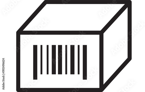 Box shipping carton icon with barcode label, simple black outline package symbol for delivery, logistics, warehouse inventory, ecommerce tracking, and parcel packaging