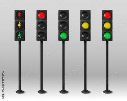 3D street traffic lights set isolated on background. Vector realistic illustration of red stop, yellow warning and green go signals for pedestrians and transport, semaphore lights on pole, stoplight