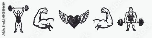 Distressed Woodcut Fitness and Strength Icons Set with Weightlifters and Winged Heart.
