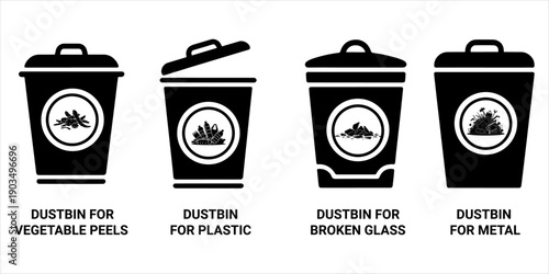 4 Type of dustbin set. plastic,vegetable peels, broken glass, metal, Silhouette Illustration