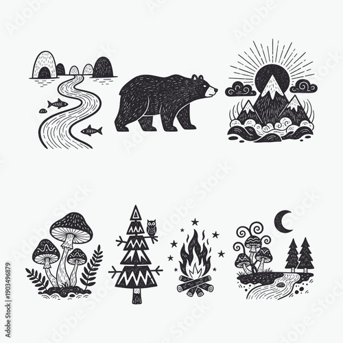 Vintage Camping and Nature Doodles Set. Hand Drawn Wilderness Symbols.