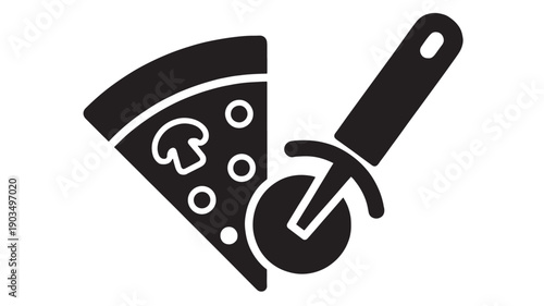 Pizza slice icon with cheese and mushroom topping plus rolling pizza cutter tool, black solid glyph symbol for fast food, restaurant menu, delivery app and kitchen