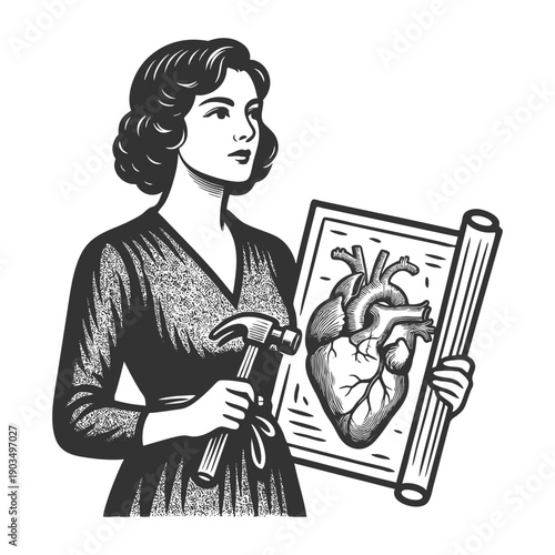 woman with a hammer and a blueprint featuring a realistic anatomical human heart sketch engraving generative ai fictional character vector illustration. Scratch board imitation. Black and white image.