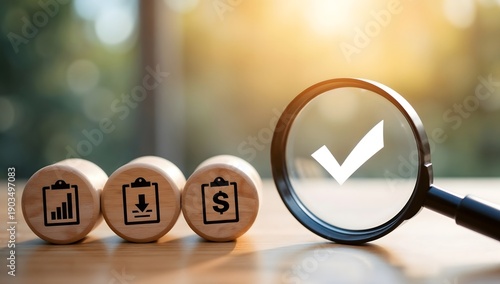 Conceptual Wooden Block Clipboard Icon with Magnifying Glass Representing Business Audit