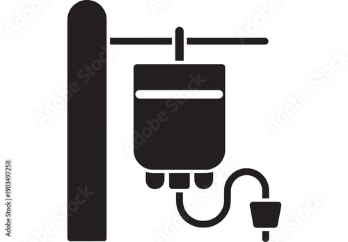 IV drip icon showing intravenous infusion bag hanging on stand with tubing and connector, minimal black glyph medical symbol for hospital, clinic, emergency care apps