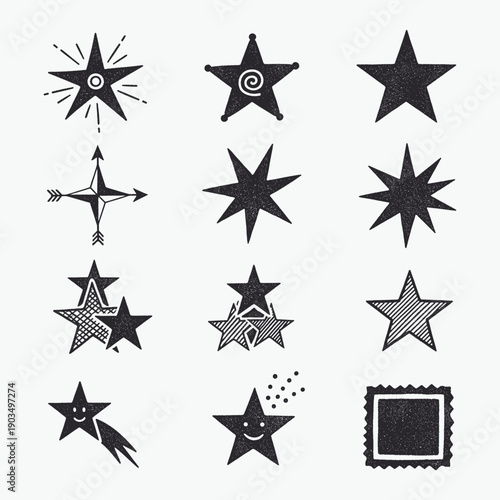Collection of vintage grunge star icons and celestial hand-drawn elements