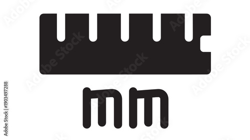 Ruler icon with millimeter scale and mm text, black silhouette measurement tool symbol for length, spacing, engineering, drafting, school supplies, isolated on white