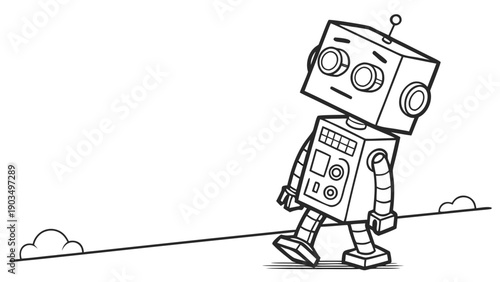 Minimalist robot in cartoon style, simple shapes, high contrast, focus on legibility.