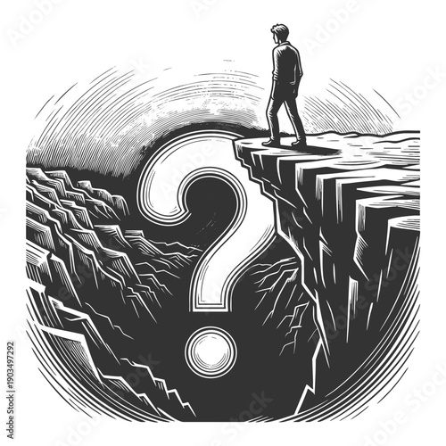 man standing on a cliff, staring at a massive question mark over a swirling void sketch engraving generative ai fictional character vector illustration. Scratch board imitation. Black and white image.